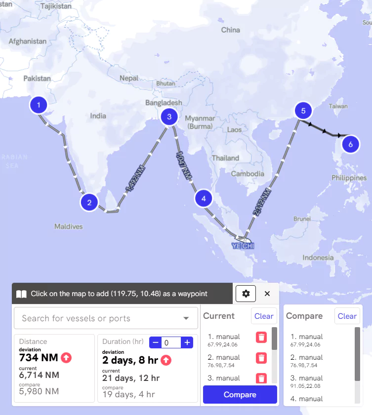 Voyage measurement view used to estimate distance, time, and bunker costs