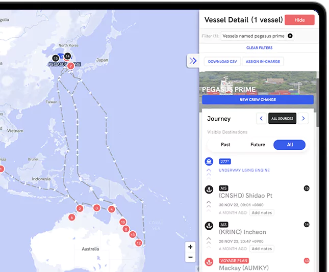 Greywing activity log tracking actions across maritime workflows